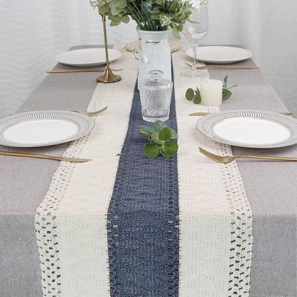 FEXIA Boho Table Decor 48 Inch Cream & Blue Macrame Runner with Tassels for Boho Dining & Bedroom Decor Rustic Bridal Shower (12x48 Inches)
