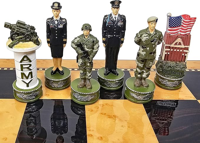 US Military Chess Set Army Navy Air Force or Marines. Choose 2 Branches of Men with 17 inch Walnut Color Storage Board (Army vs Navy)