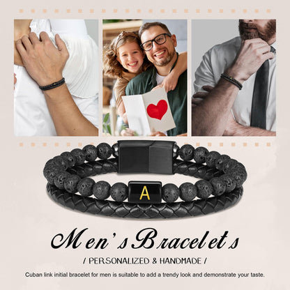 Mens Leather Bracelet with Initial - Men Gift Lava Rock Bead Magnetic Clasp Black Leather Bracelets Mens Gifts Men Bracelets with Initial W Bracelet for Men's Jewelry Men's Gifts for Dad Husband Him