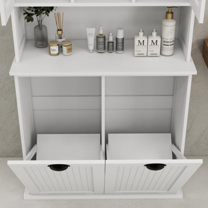 Knocbel Tilt-Out Laundry Sorter with 2 Removable Bags and Adjustable Shelves, Tall Bathroom Floor Cabinet Laundry Hamper (White 59")