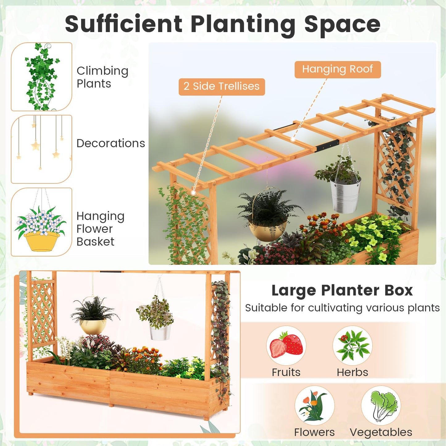 S AFSTAR 45-Inch Raised Garden Bed with Arch Trellis, Hanging Roof, Planter Box, Drainage Holes, Vertical Plant Container for Vine Climbing Plant Flower, Flower Bed Wood Planter for Indoor & Outdoor