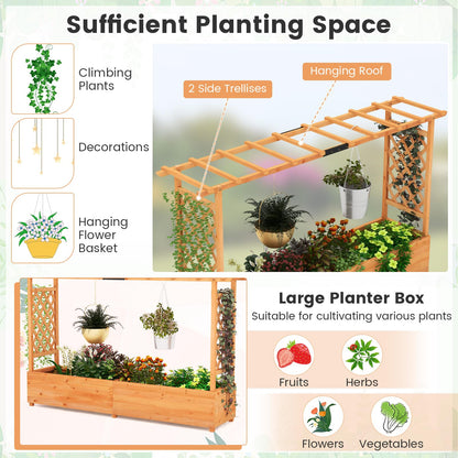 S AFSTAR 45-Inch Raised Garden Bed with Arch Trellis, Hanging Roof, Planter Box, Drainage Holes, Vertical Plant Container for Vine Climbing Plant Flower, Flower Bed Wood Planter for Indoor & Outdoor