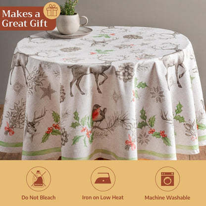 Maison d' Hermine Table Cloth Round Table 100% Cotton 63 Inches Fall Tablecloth Reusable Everyday Use for Thanksgiving Christmas Decorations Dining Farmhouse Party (Christmas Dew)