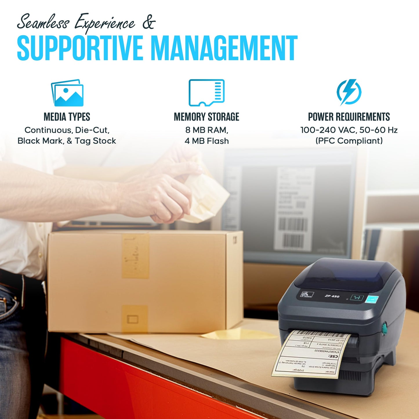 ZP450 Zebra Direct Thermal Label Barcode Printer with USB 2.0 Cable & 3 Prong Cord - USB, Serial and Parallel Connectivity 203 DPI (Renewed)