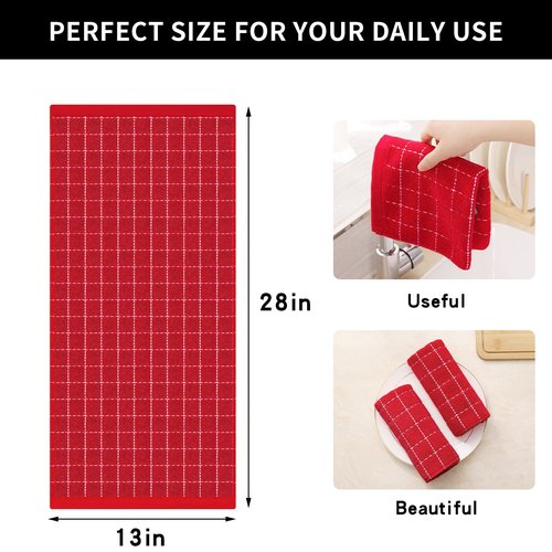 Homaxy 100% Cotton Terry Kitchen Towels(Red, 13 x 28 inches), Checkered Designed, Soft and Super Absorbent Dish Towels, 4 Pack