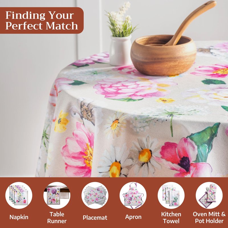 Maison d' Hermine Table Cloth Round Table 100% Cotton 63 Round Inches Tablecloth Reusable Decorative for Dining Kitchen Room Farmhouse Home Gifts for Mothers Day Spring Summer - Pivoine