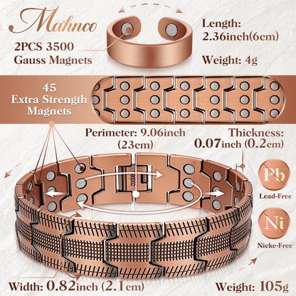Mahnco Copper Bracelet for Men, 3X Ultra Strength 99.99% Pure Copper Magnetic Bracelets with Magnets,Magnetic Jewelry with Adjustable Sizing Tool