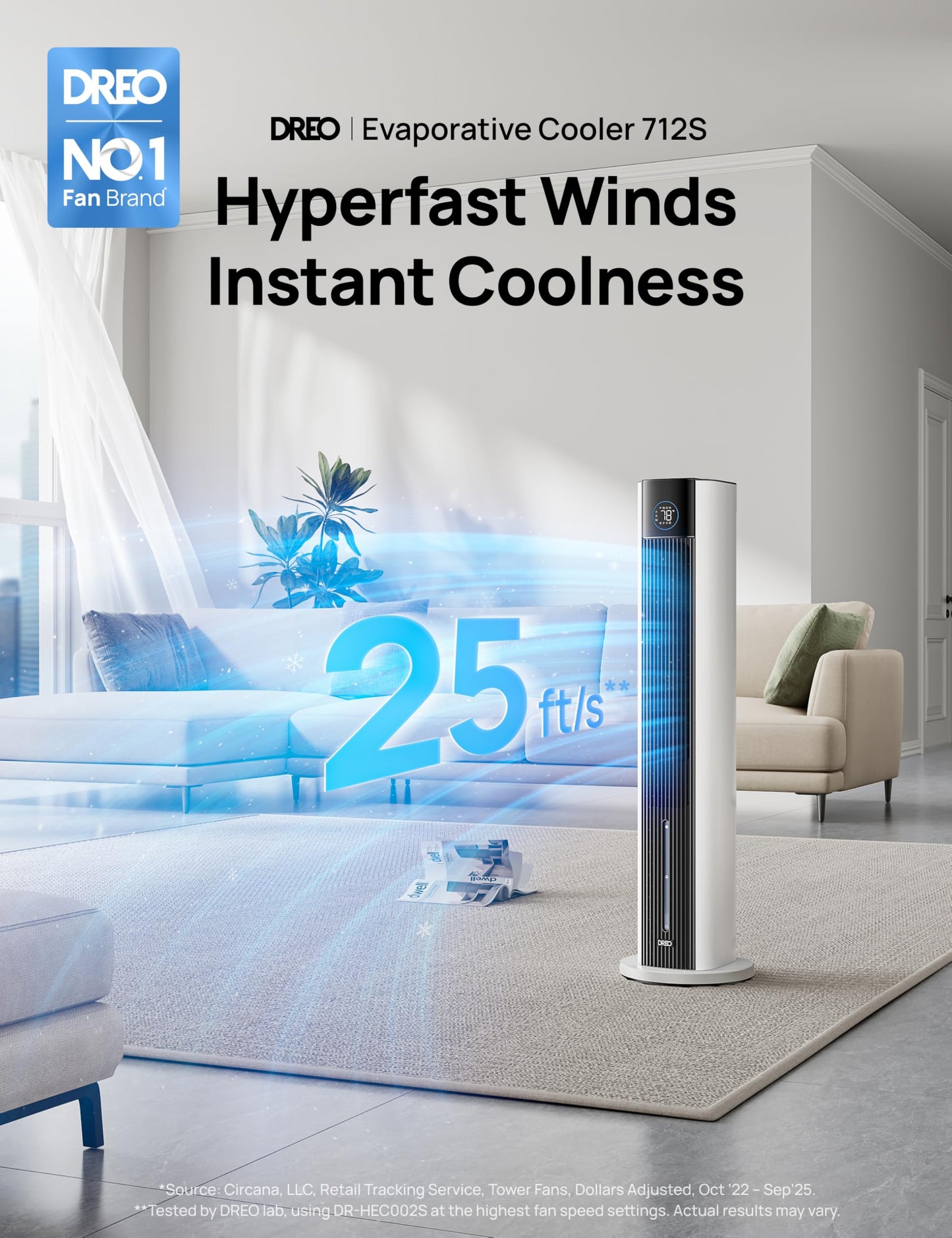 DREO Evaporative Air Swamp Cooler, 43" Cooling Fans that Blow Cold Air 2025 Upgraded, 85° Oscillating Floor Fan for Bedroom, Easy Cleaning, APP Control, Ice Packs, 4 Speeds & 4 Modes, 12H Timer, White