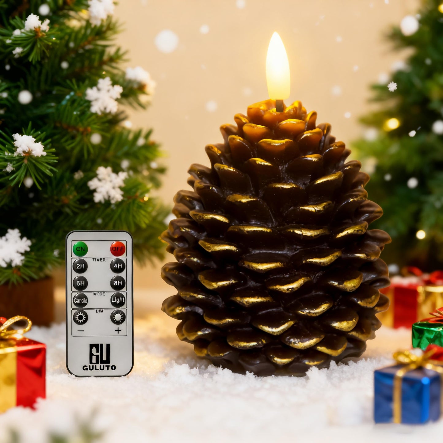 Guluto Flameless Pinecone Candles, Battery Operated Real Wax Candles, Led Flickering 3D Wick Candle with Remote and Timer for Christmas, Winter Holiday Decoration, 3.7'' x 5'' Brown
