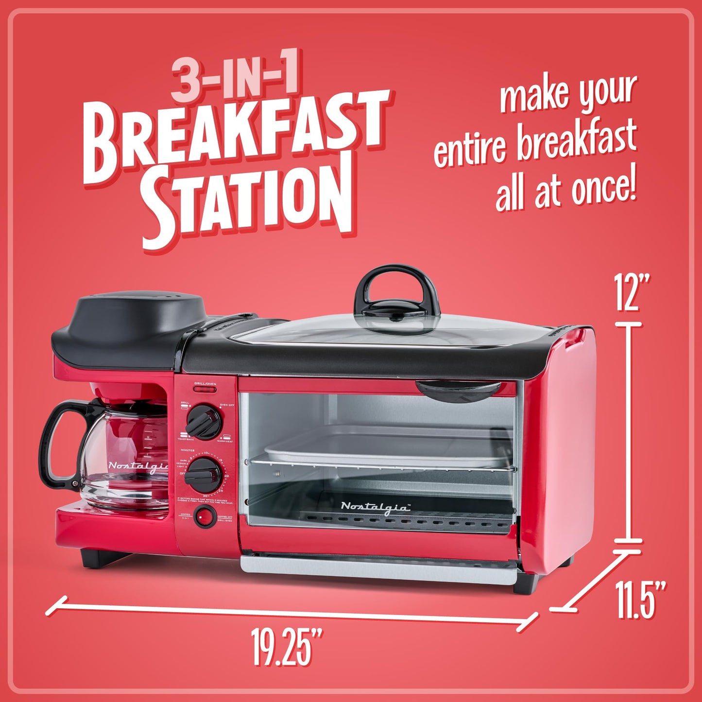 Nostalgia 3-in-1 Breakfast Station - Includes Coffee Maker, Non-Stick Griddle, and 4-Slice Toaster Oven - Versatile Breakfast Maker with Timer - Aqua