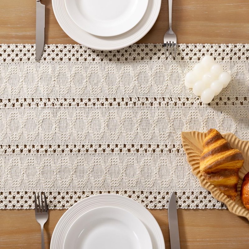 Socomi Boho Table Runner Macrame Long Summer Farmhouse Woven Cotton Linen Rustic Coffee Table Runner with Tassels for Dresser Scarf Home Decor Dining Room 12x108 inch Beige
