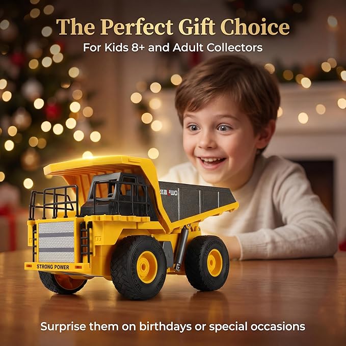 Remote Control Dump Truck for Boys Adults Metal Rc Dump Truck with 1*Rechargeable Battery and 2*AA Battery 9-Channel Construction Vehicle STEM Gift for Kids Birthday or Christmas