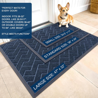 OLANLY Waterproof Front Door Mat - All-Season Indoor/Outdoor Herringbone Design | Easy Clean, 47x32 (Blue)