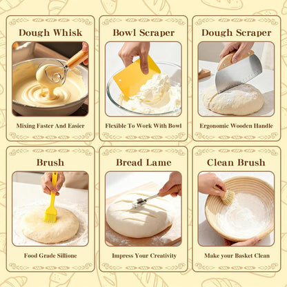 Beginner Sourdough Starter Kit - 9" Round & 10" Oval Banneton Proofing Baskets with Glass Starter Jar, Bread Sling, Dough Scrapers, Cooling Rack - Complete Homemade Baking Gift Set