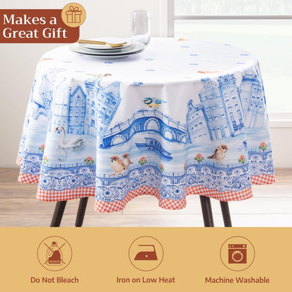 Maison d' Hermine Table Cloth Round Table 100% Cotton 63 Round Inches Tablecloth Reusable Decorative for Dining Kitchen Room Farmhouse Home Gifts for Mothers Day Spring Summer - Amsterdam Canals
