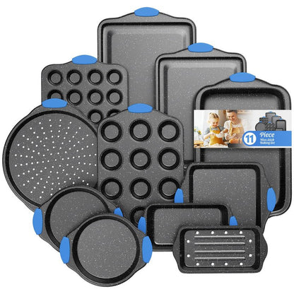 11-Piece Professional Stackable Baking Set, Oven-Safe Nonstick Cookware with Cool-Touch Handles - Features Cookie Sheet, Cake Pan, Muffin Tin, Pizza Stone & Bread Loaf Pan, Black&Blue