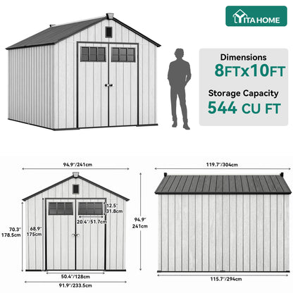 YITAHOME 8x10 FT Outdoor Storage Shed with Floor, Extra Thick Plastic Garden Shed for Bikes, Tools and Pool Supplies, Outdoor Resin Shed with Door Window Insert & Vents for Patio, Lawn, Backyard, Gray