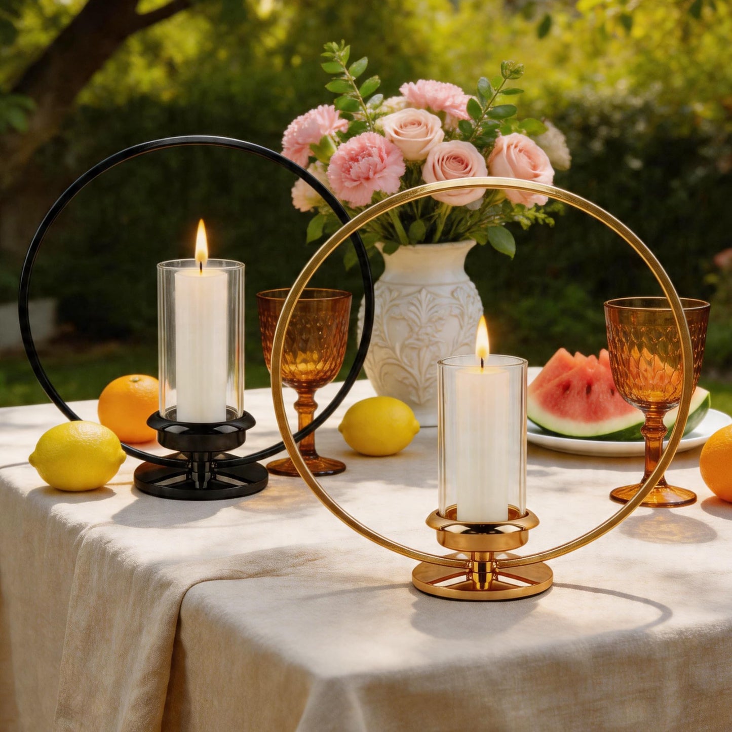 HiSnug Hurricane Candle Holders Set - Circular Metal Candlestick Holders with Glass Sleeve, 2PCS Simple Decorative Candleholder for Dining Table Centerpiece Shelf Home Decor, 2PCS, L+L, Black