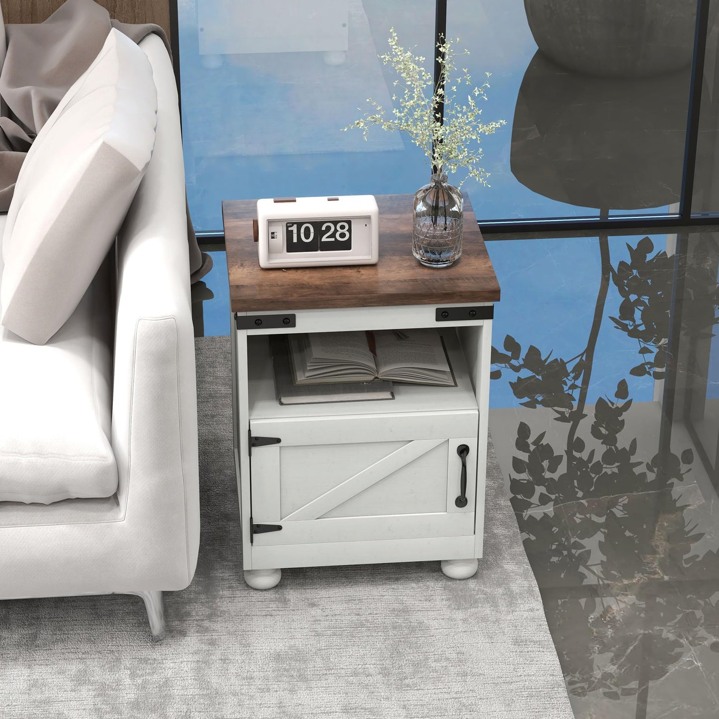HOMCOM Small Side Table with Storage, Farmhouse End Table with Open Shelf and Cupboard, Modern Sofa Table with Wood Legs for Living Room, White