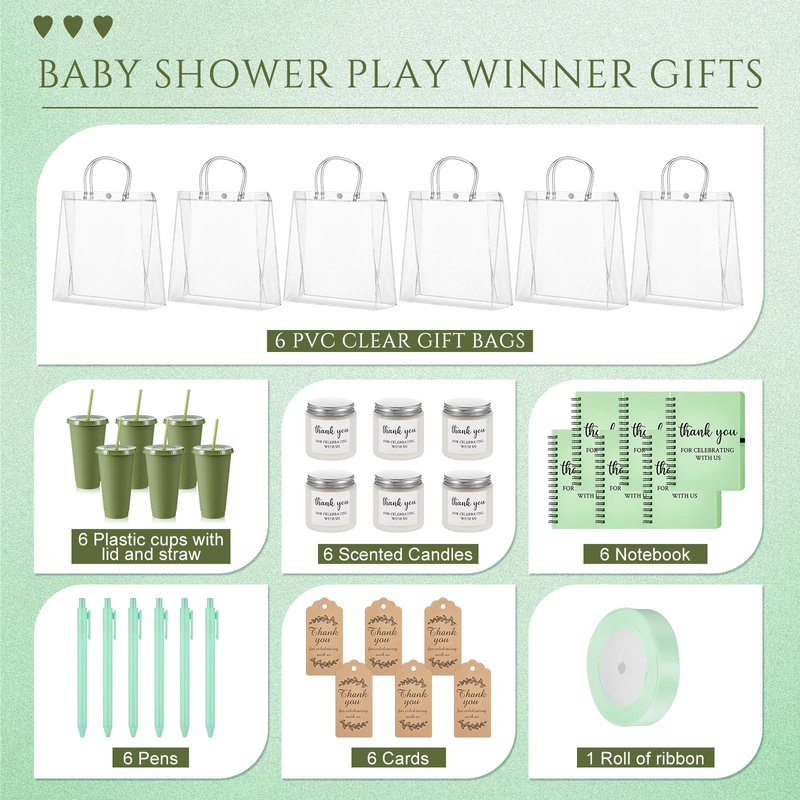 Nuogo 6 Sets New Parent Shower Prizes for Player Winners Adult, Wedding Bridal Shower Gift, Plastic Tumbler Notebook Scented Candle Ballpoint Pen Bag (Green Color,Classic Style)
