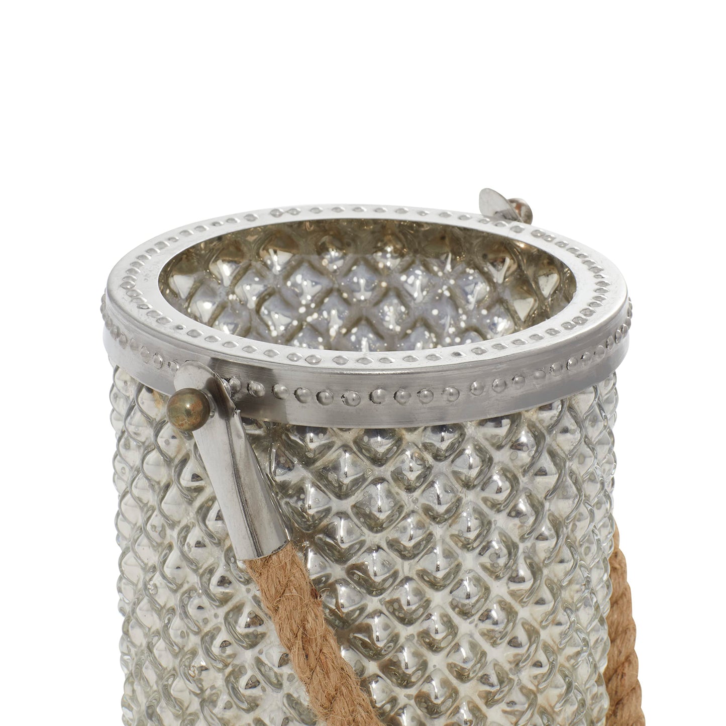 Deco 79 Glass Handmade Indoor Outdoor Candle Lantern Decorative Lantern Candle Holder with Rope Handle, Lantern 5" x 5" x 13", Silver