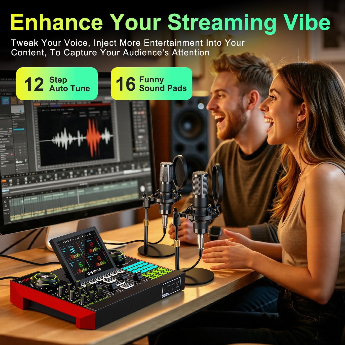 tenlamp G10 Dual Microphone Podcast Equipment Bundle with Live Sound Board Audio Mixer - Two Condenser Mics, Voice Changer, Noise Reduction, for PC/Phone Streaming, Gaming, Singing, Podcast