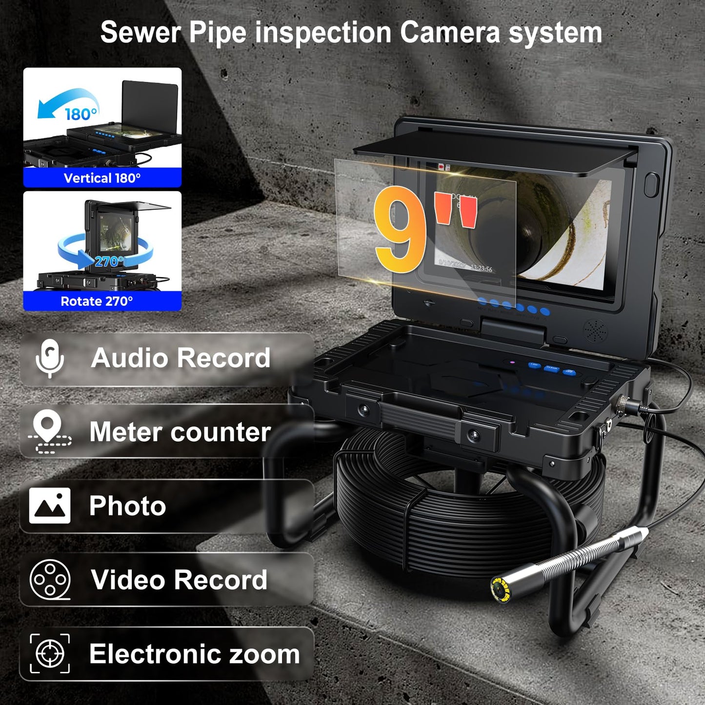 ESANHAO Sewer Camera 100ft Drain Pipe Camera Plumbing Snake, 23mm HD, 12LEDs, DVR Recording, 9" AHD Screen for Plumber, Homeowners IP68 Waterproof, 32GB TF Card Included