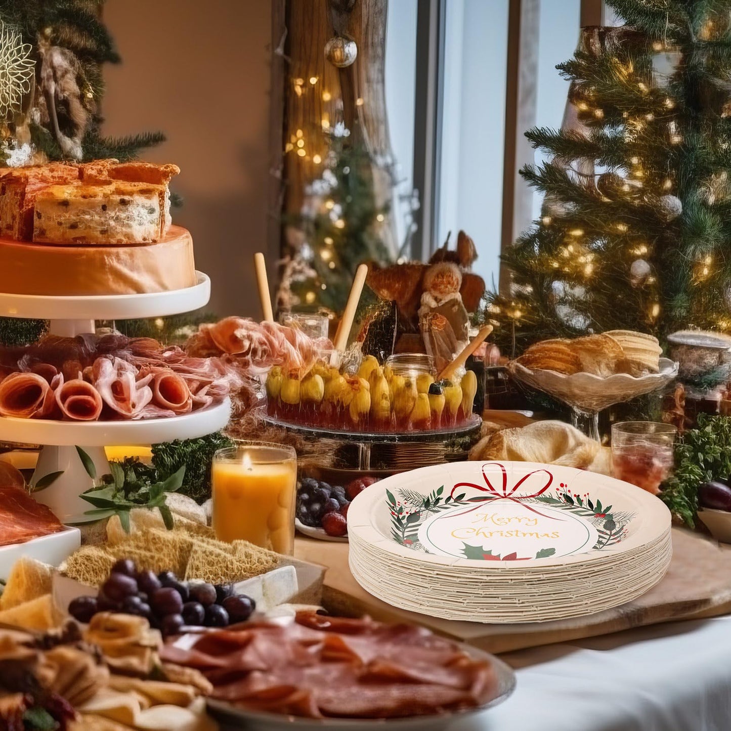 Sliner 350 Pcs Christmas Party Supplies Disposable Christmas Tableware Set 100 Paper Plate 50 Cup Napkin Knives Fork Spoon Xmas Holiday Party Dinnerware Table Decoration Classic Xmas Tableware