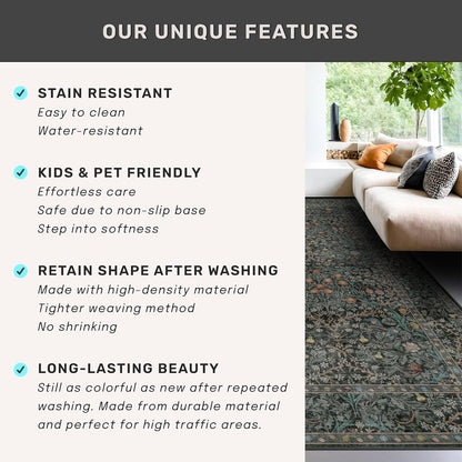 Skiennix Dark Green 2x5 Runner Rug - Non-Slip & Washable Floral Boho Design for Indoor Use