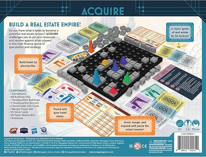 Renegade Game Studios Acquire Strategy Board Game 2-6 Players Classic &amp Tycoon Modes Ages 12+