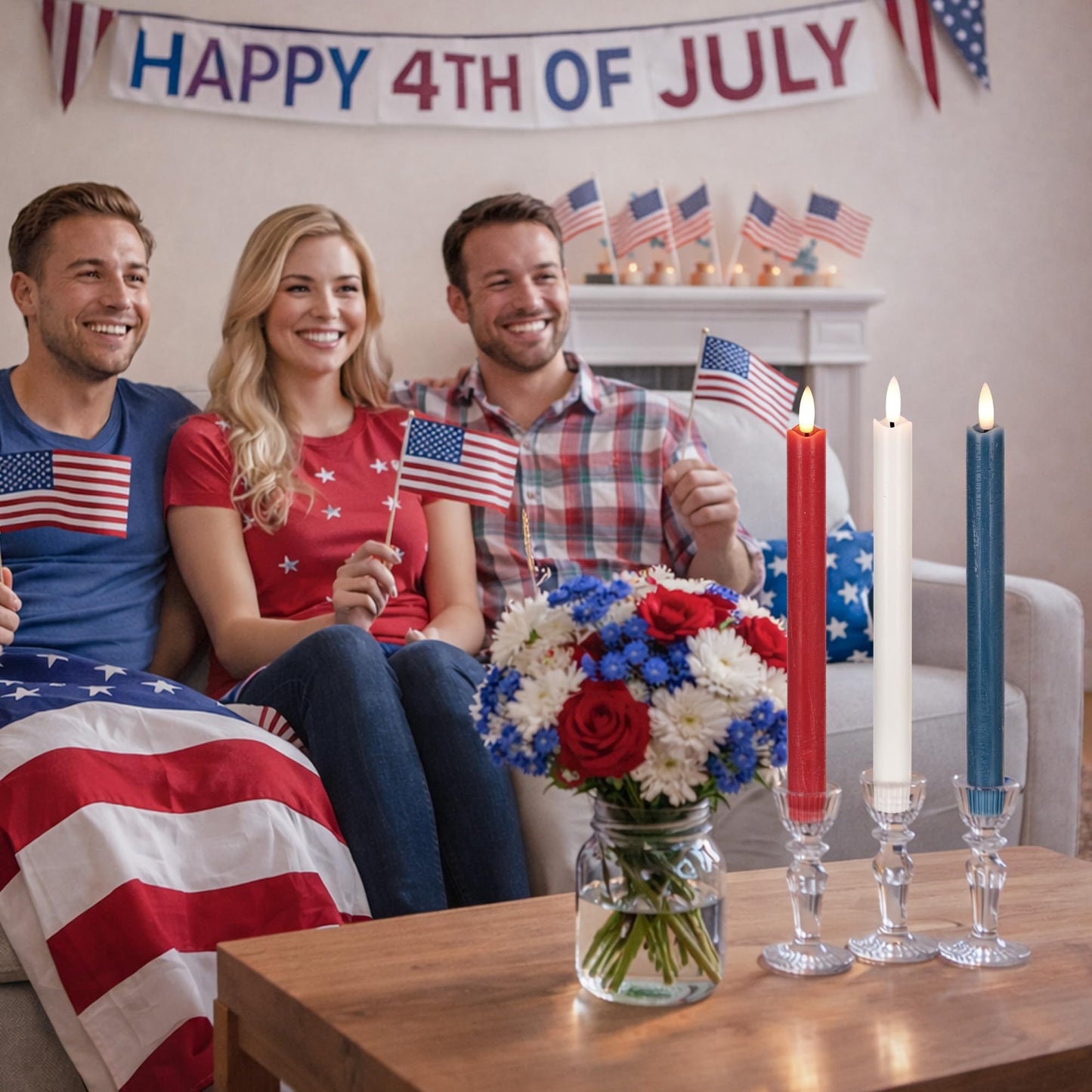 Patriotic Flameless Candles with Remote and Timer, Real Wax Red White and Blue Candles for 4th of July Decorations, 250th Anniversary Battery Operated Candles for Independence Day Celebrations, 3Pack
