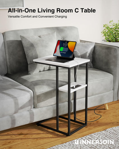 Innerjoin Side Table with Charging Station Set of 2, C Shaped End Table with LED Light Strip, Fast Charge Type C & USB Ports, Small Sofa Snack Laptop Side Table for Living Room Bedroom, Rustic Brown