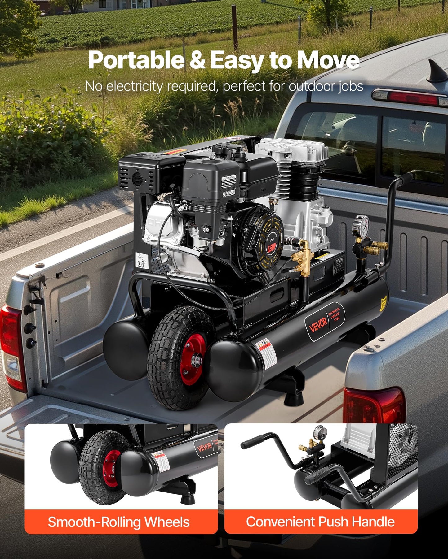 VEVOR 9 Gallon Twin-Tank Gas Powered Air Compressor, 6.5HP 9CFM Gas Driven Air Compressor Tank on Wheels, Max 115PSI Piston Pump Air-Compressed System for Tire Inflation, Auto Repairs, Spray Painting