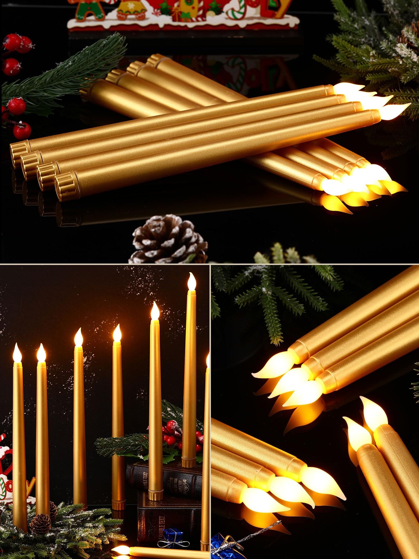 Funtery 48 Pcs Flameless LED Taper Candles Battery Operated Candles Bulk Realistic LED Candlesticks Flickering for Wedding Church Graduation Party Home Decor(Gold,Classic Style)