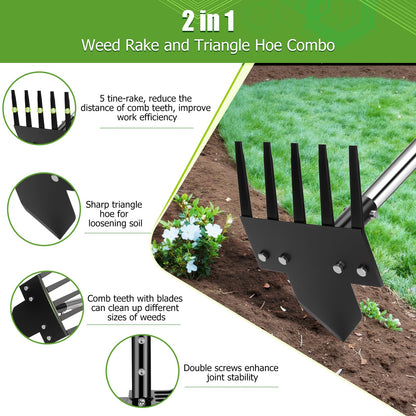 Poiyham 2-in-1 Hoe Garden Tools, 17-58" Weed Puller Tool with Long Handle, Heavy Duty Handle Garden Hoe and Weed Rake, Hoes for Gardening Yards Lawns Gardens Weeding