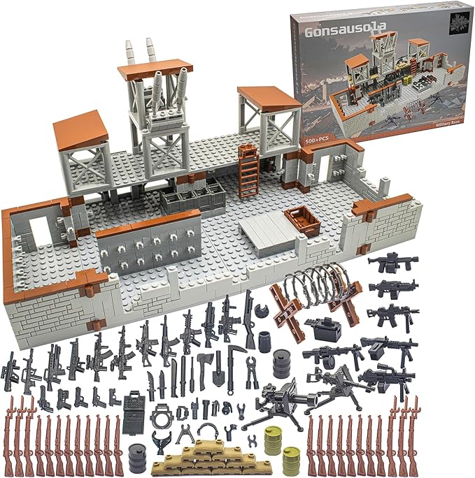 500+ Pcs Military Base Building Brick Sets Include Defence Base Guard Tower for Army Mini Figures Weapon Pack Accessories Kits Toys Guns Weapons Building Block Toy for Kids