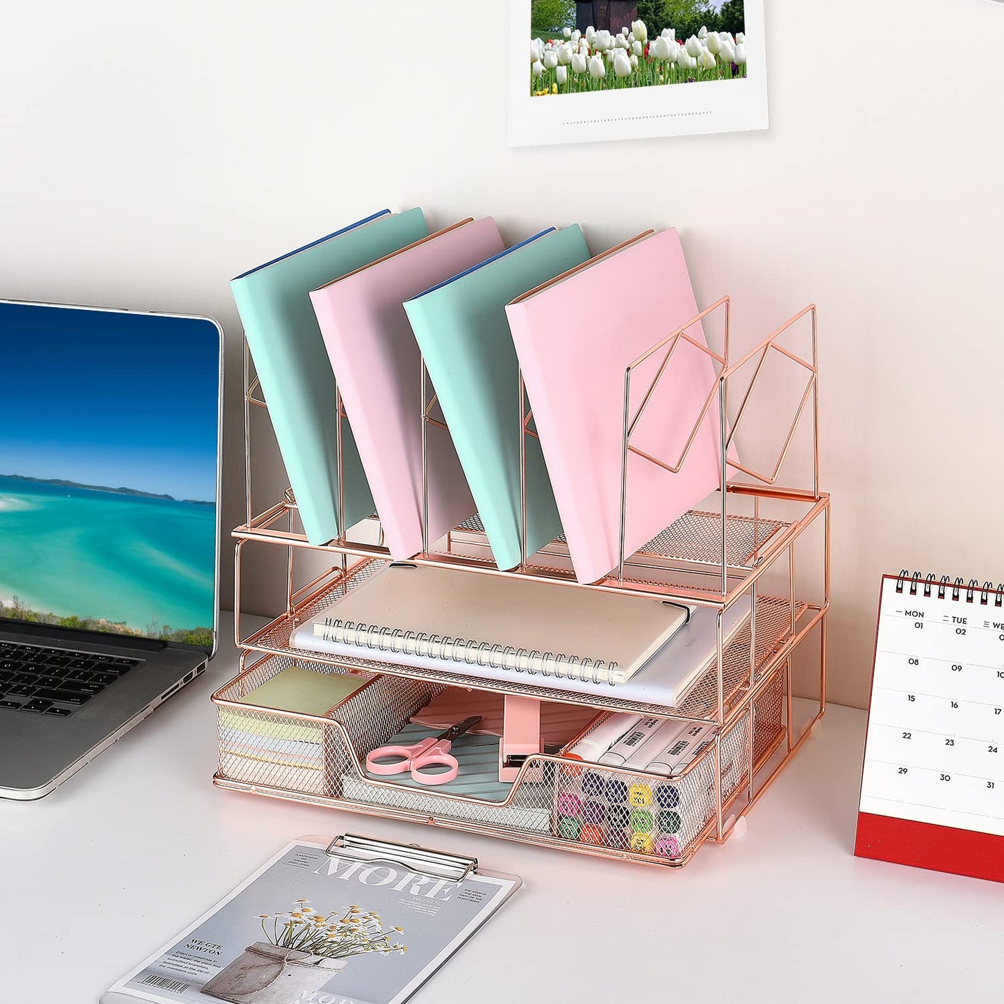 gianotter Desk Organizers and Accessories, Office Supplies Desk Organizer with Sliding Drawer, Double Tray and 5 Upright Section File Sorter Organizer (Rose Gold)