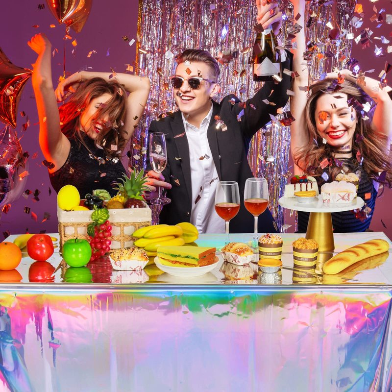 FunnyPars 4 Pack Iridescent Plastic Tablecloths, Shiny Disposable Laser Rectangle Table Covers, Holographic Foil Tablecloth Iridescent Birthday Party Supplies Decorations