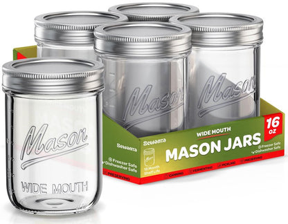 SEWANTA Wide Mouth Mason Jars 16 oz [5 Pack] With Mason Jar Lids and Bands, Mason Jars 16 oz - For Canning, Fermenting, Pickling - Jar Décor - Microwave/Dishwasher Safe.