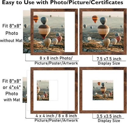 JCJMY 8x8 Picture Frame Set of 6 - Versatile Wall Hanging & Tabletop Display in Deep Brown