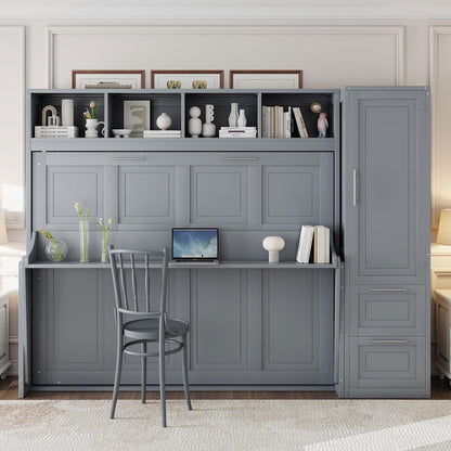 Ball & Cast Murphy Bed Full Size with Five-Layer Cabinet,Solid Wood Storage Hidden Wall Bedframe,W/Folding Designed,Space-Saving,for Home Office,Study,Guest Room,Gray