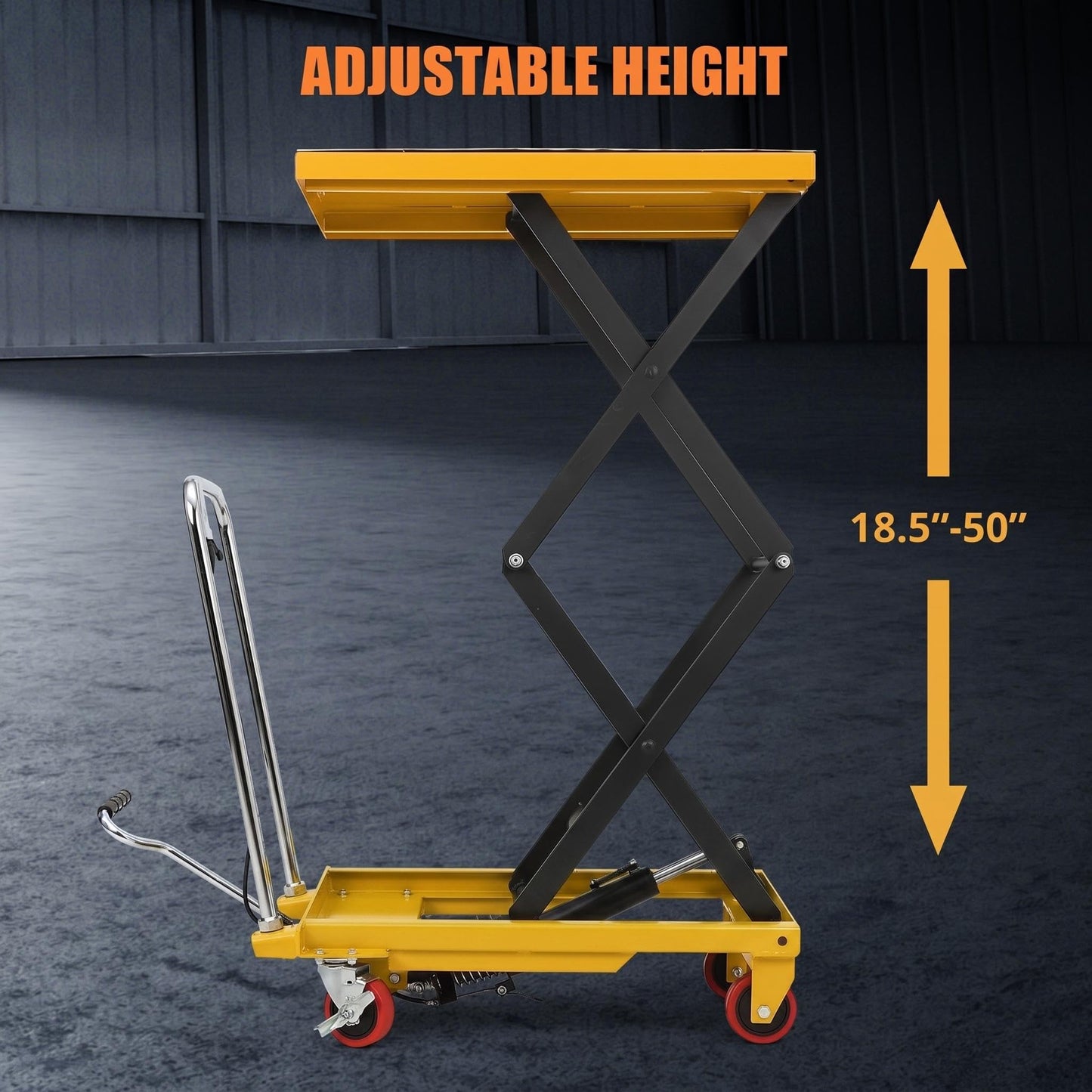 Hydraulic Double Scissor Lift Table Cart, 330 LBS Load Capacity, 50" Adjustable Height, Non-Slip Platform & 4 Universal Wheels, Heavy Duty Lift Table for Material Handling, Yellow