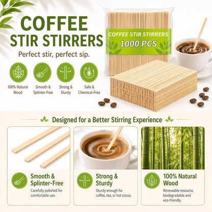 1000PCS Coffee Stirrers - Bamboo Coffee Stir Sticks Disposable Hot Drink Beverage Stirring Swizzle Stir Sticks For Coffee Milk Juice Cocktail Chocolate For Party Bar 5.5 Inch Square