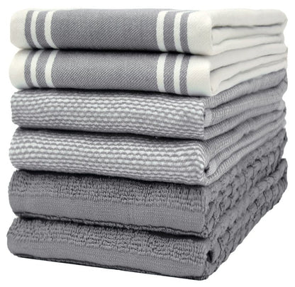 Premium Kitchen Towels (20”x 28”, 6 Pack) | Large Cotton Dish Towels | Flat & Terry Highly Absorbent Kitchen Linen Set with Hanging Loop | Wide Stripe Grey