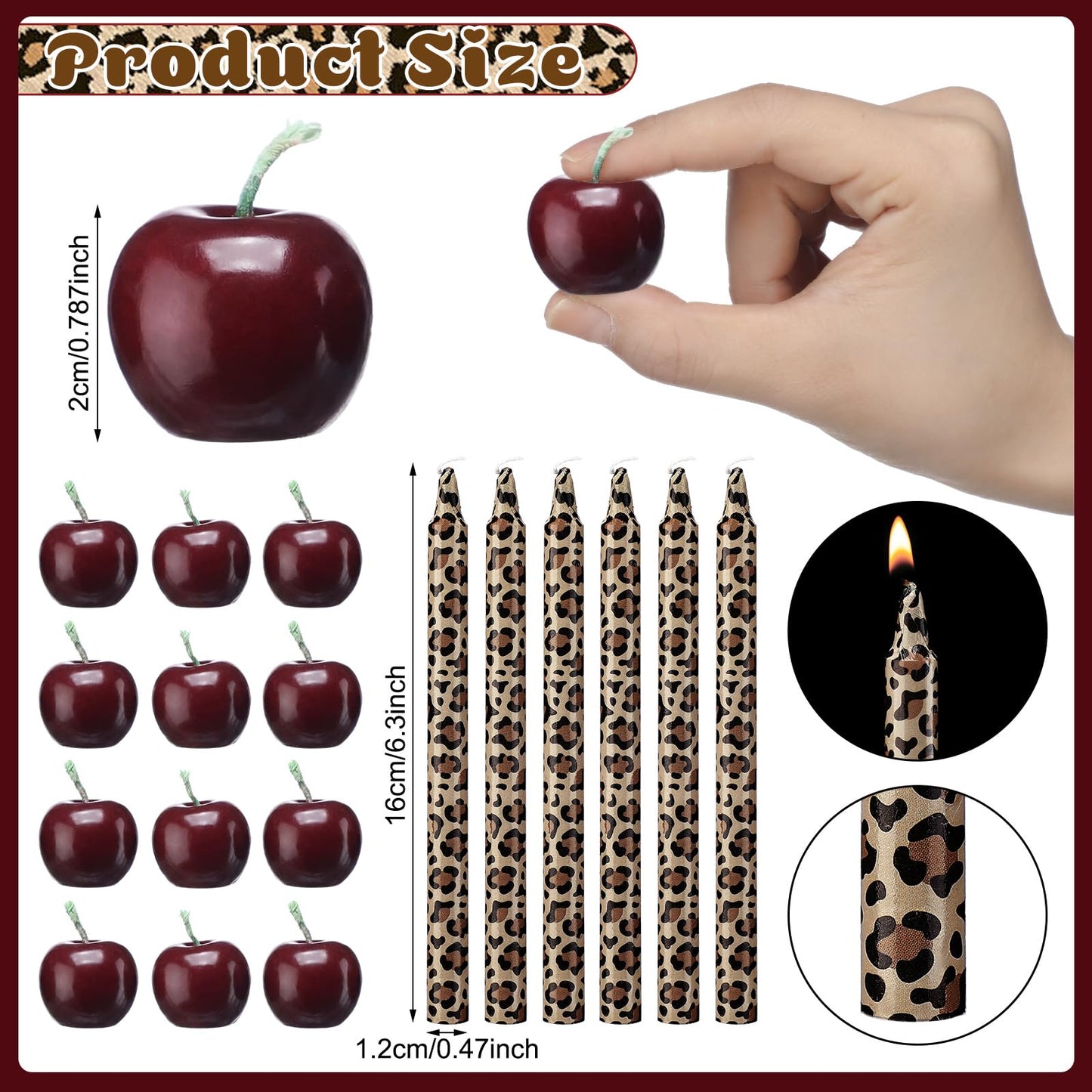 Conelist 18 Pcs Cheetah Cherry Birthday Candles Cute Cherry Shaped & Leopard Taper Cake Candles Decoration Cupcake Topper Decor for Birthday Bachelorette Wedding Party Supplies