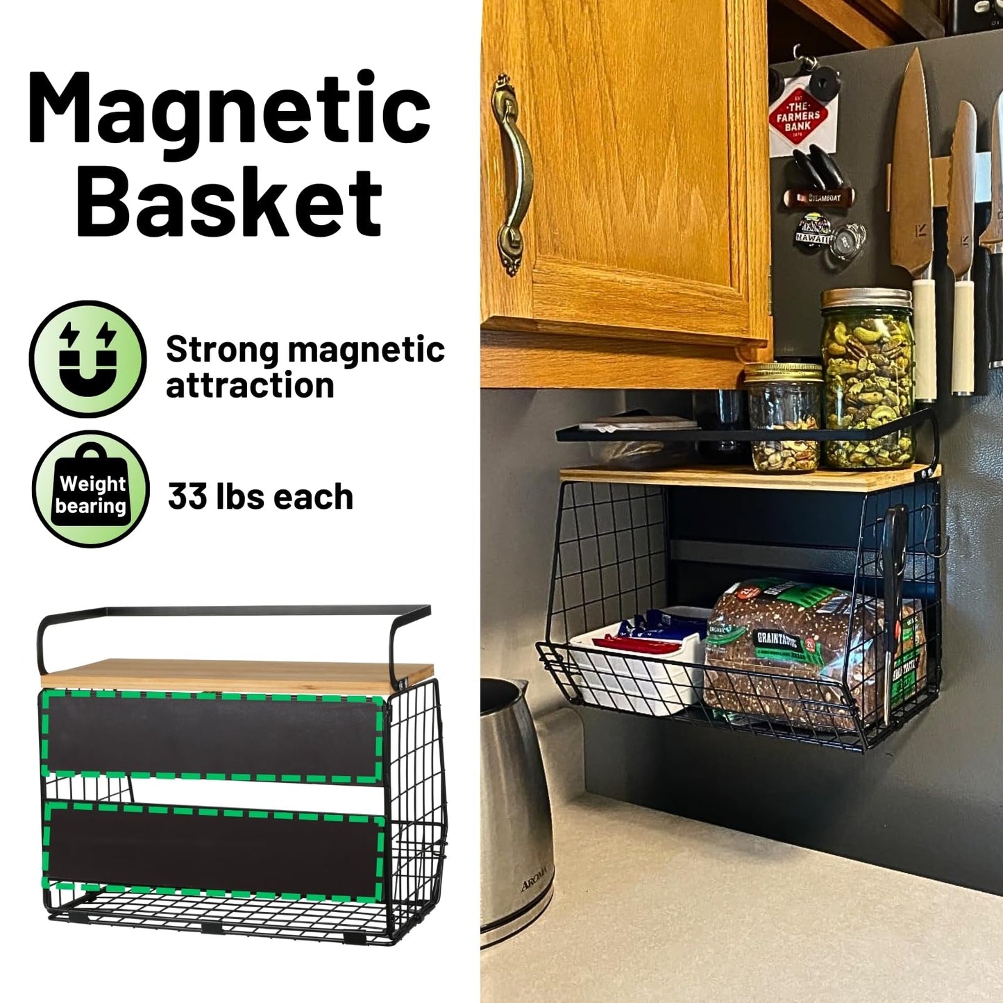 Ofiray-home Magnetic Shelf for Fridge with Wood Lid, Fruit Potato and Onion Storage Bins, Pantry Organizers & Storage, Large Container Magnetic Spice Rack for Refrigerator, Kitchen Counter, Cabinet