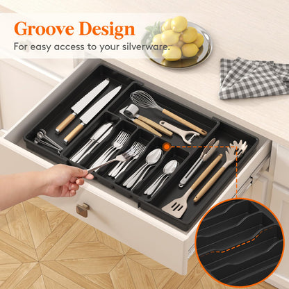 Lifewit Silverware Drawer Organizer, Expandable Utensil Tray for Kitchen, BPA Free Flatware and Cutlery Holder, Adjustable Plastic Storage for Spoons Forks Knives, 8.5"-14.1" x 12.1", Black