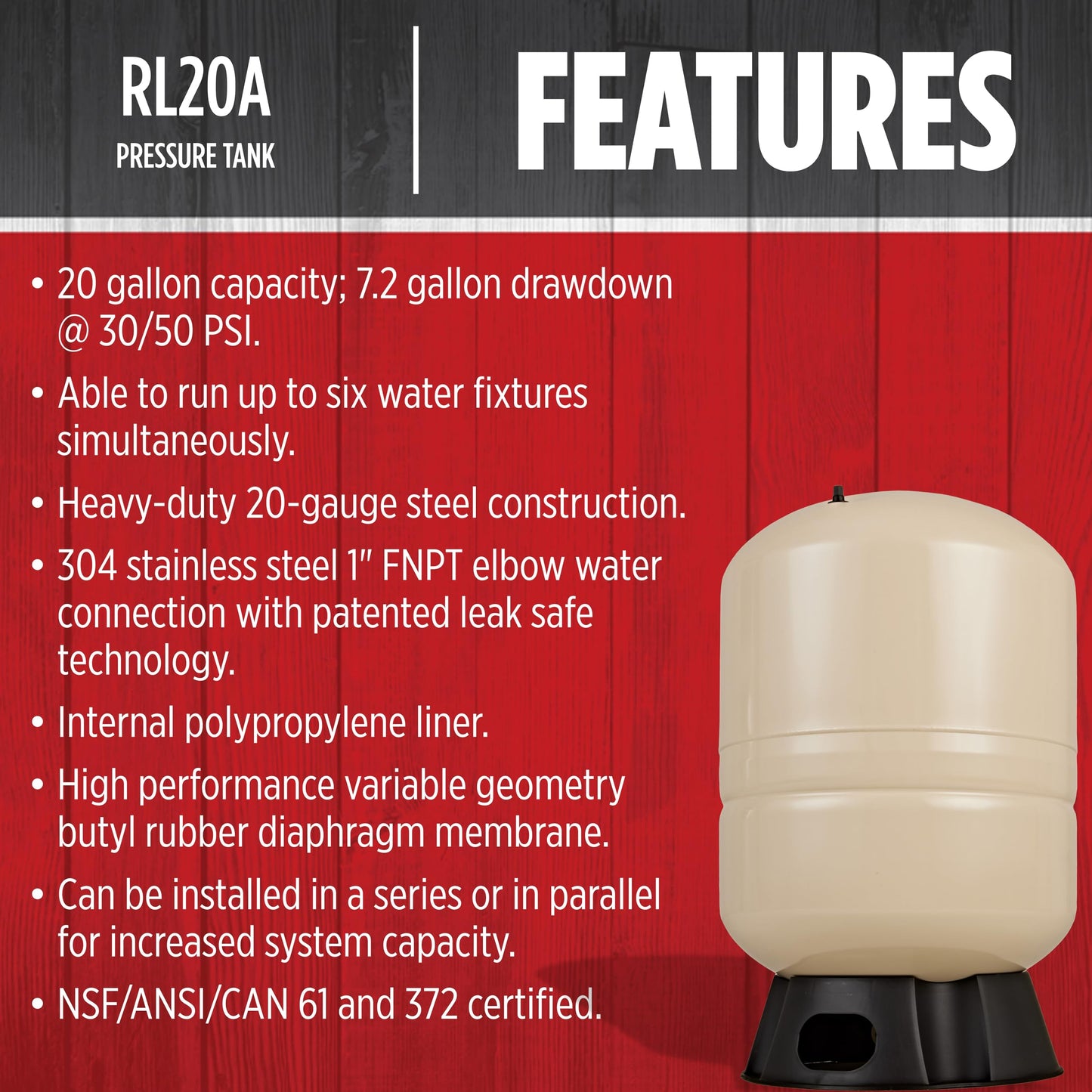Red Lion RL20A - 20-Gallon Vertical Pre-Charged Pressure Tank with Thermoplastic Base for Well Pumps, 1-Inch FNPT Elbow System Connection, Almond, 604682