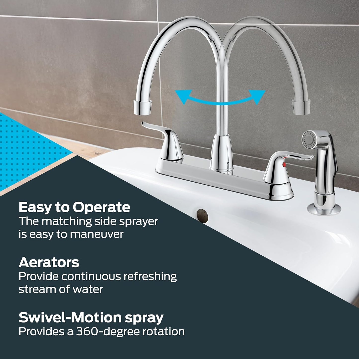 EZ-FLO Two-Handle High-Rise Kitchen Faucet with Sidespray, Stainless Steel, EZ-10203