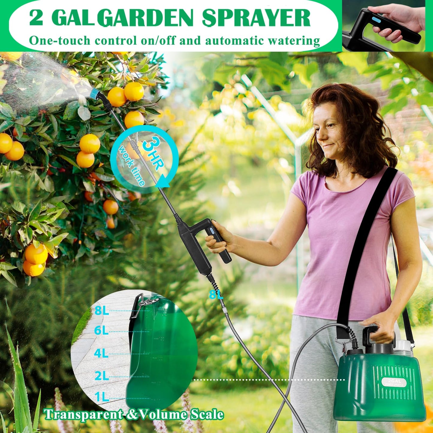 WYRJXYB Battery Powered Sprayer 2 Gallon, Upgrade Electric Garden Sprayer with 4 Mist Nozzles,USB Rechargeable Handle,31in Telescopic Wand,1 Glove,Portable Garden Sprayer for Yard Lawn Garden Watering